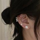 Set Of 4: Stud Earring + Faux Pearl Ear Cuff 1753a# - 4 Pcs - White & Gold - One Size
