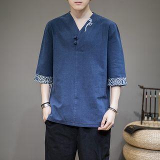 3/4-sleeve Frog-buttoned V-neck Linen Shirt