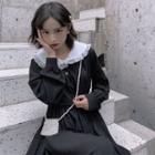 Lace Trim Long-sleeve Midi A-line Dress Black - One Size