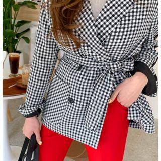 Contrast-trim Houndstooth Double-breasted Blazer With Sash Black - One Size