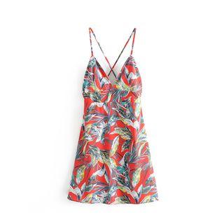 Open Back Leaf Print Spaghetti Strap Dress