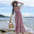 Spaghetti Strap Shirred Frill Trim Midi A-line Dress