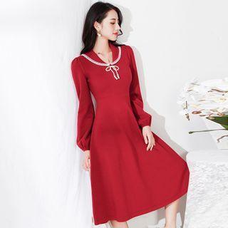 Long-sleeve Ribbon Knit A-line Dress