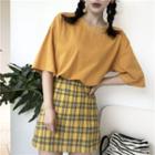 Elbow-sleeve T-shirt / Plaid Mini Skirt