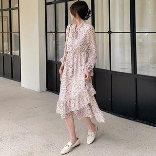 Bow-neck Floral Ruffle Hem Midi A-line Dress