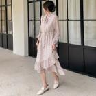Bow-neck Floral Ruffle Hem Midi A-line Dress