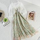 Set: Elbow-sleeve Cropped Blouse + Floral Print Spaghetti-strap Midi A-line Dress