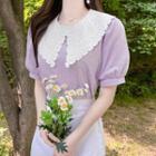 Wide-collar Eyelet-lace Blouse Light Purple - One Size