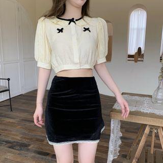 Puff-sleeve Cropped Blouse / Velvet Pencil Skirt