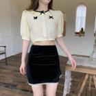 Puff-sleeve Cropped Blouse / Velvet Pencil Skirt