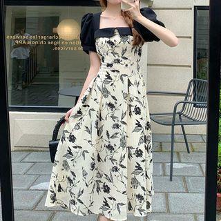 Puff-sleeve Square Neck Print Midi A-line Dress
