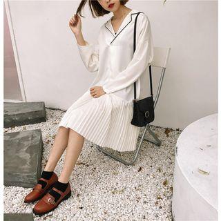 Pleated Hem Long-sleeve Shirt Dress