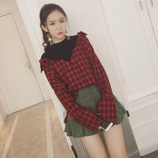 Mock Two Piece Plaid Blouse