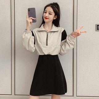 Set: Long-sleeve Color Block Top + Spaghetti Strap Mini Dress