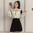 Set: Long-sleeve Color Block Top + Spaghetti Strap Mini Dress
