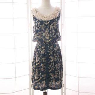Rosette Trim Patterned Sleeveless A-line Dress