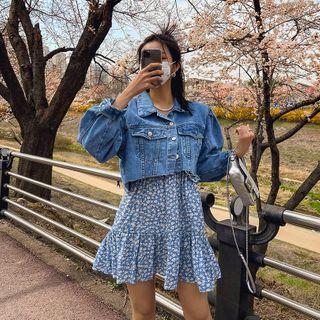 Puff-sleeve Fray-hem Cropped Denim Jacket Blue - One Size