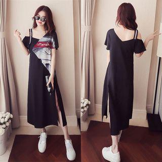 Print Short-sleeve Asymmetrical T-shirt Dress