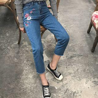 Flower Embroidered Cropped Jeans
