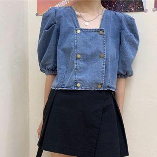 Puff-sleeve Cropped Denim Blouse