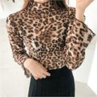 Mock-neck Leopard Lace Top Brown - One Size