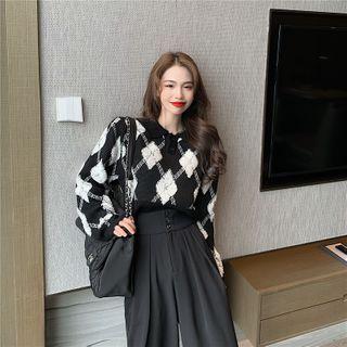 Plaid Long-sleeve Sweater / High Waist Wide Leg Pants