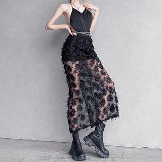 Slit Mesh Panel Midi Pencil Skirt