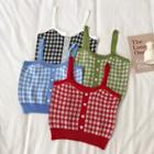 Sweetheart Buttoned Gingham Sleeveless Knit Top