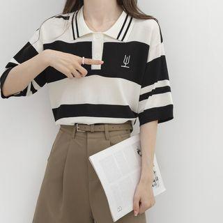 Short-sleeve Two-tone Knit Polo Shirt Black - One Size