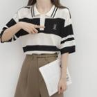 Short-sleeve Two-tone Knit Polo Shirt Black - One Size