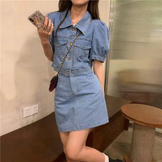 Puff-sleeve Denim Crop Shirt / Mini A-line Skirt