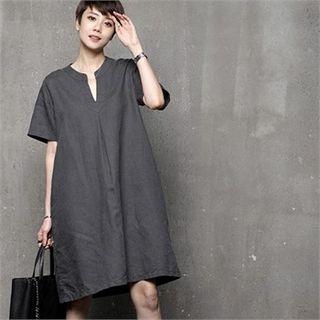 Notched-neck Linen Blend Shift Dress