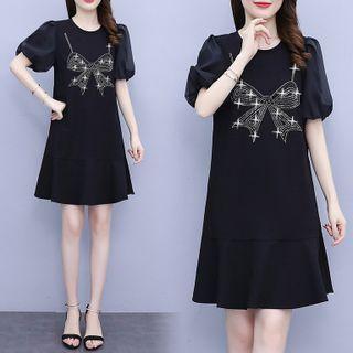 Puff-sleeve Rhinestone Bow Midi A-line Dress