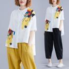 Printed Elbow-sleeve Blouse / Cropped Wide-leg Pants