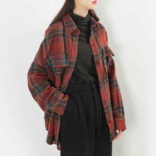 Pocket-front Gingham Long-sleeve Shirt As Shown As Figure - One Size