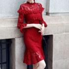 3/4-sleeve Frill Trim Lace Cocktail Dress