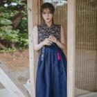 Sleeveless Maxi Skirt Hanbok Set (floral / Navy Blue)