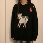 Cow Embroidered Sweater Black - One Size
