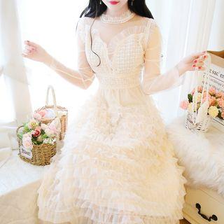 Long-sleeve Ruffled Midi A-line Mesh Dress