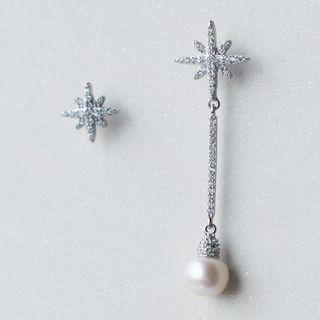 925 Sterling Silver Non-matching Rhinestone Star & Faux Pearl Dangle Earring White Faux Pearl - Silver - One Size