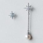925 Sterling Silver Non-matching Rhinestone Star & Faux Pearl Dangle Earring White Faux Pearl - Silver - One Size