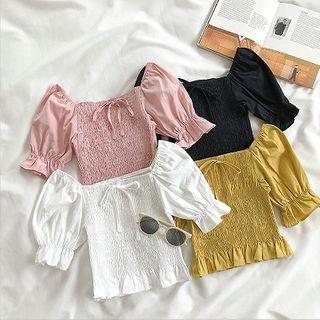 Plain Frilled Short-sleeve Blouse