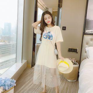Set: Printed Short-sleeve T-shirt Dress + Sheer Midi Skirt