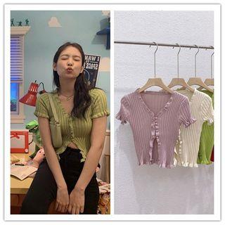 Short-sleeve Ruffled Ribbed Knit Top