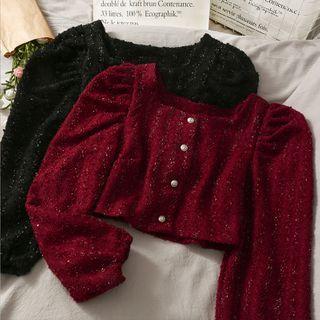 Glitter Puff-sleeve Cropped Tweed Jacket