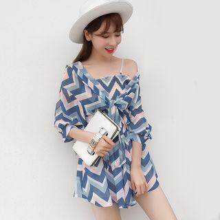 Set: Printed Camisole Top + Wide-leg Shorts + Light Jacket