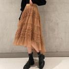 Ruffle Trim Midi A-line Skirt Brown - One Size