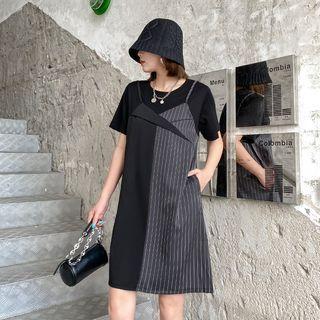 Mock Two-piece Short-sleeve Pinstriped Dress Black - One Size