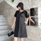 Mock Two-piece Short-sleeve Pinstriped Dress Black - One Size