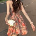 Spaghetti Strap Floral Ruched Dress